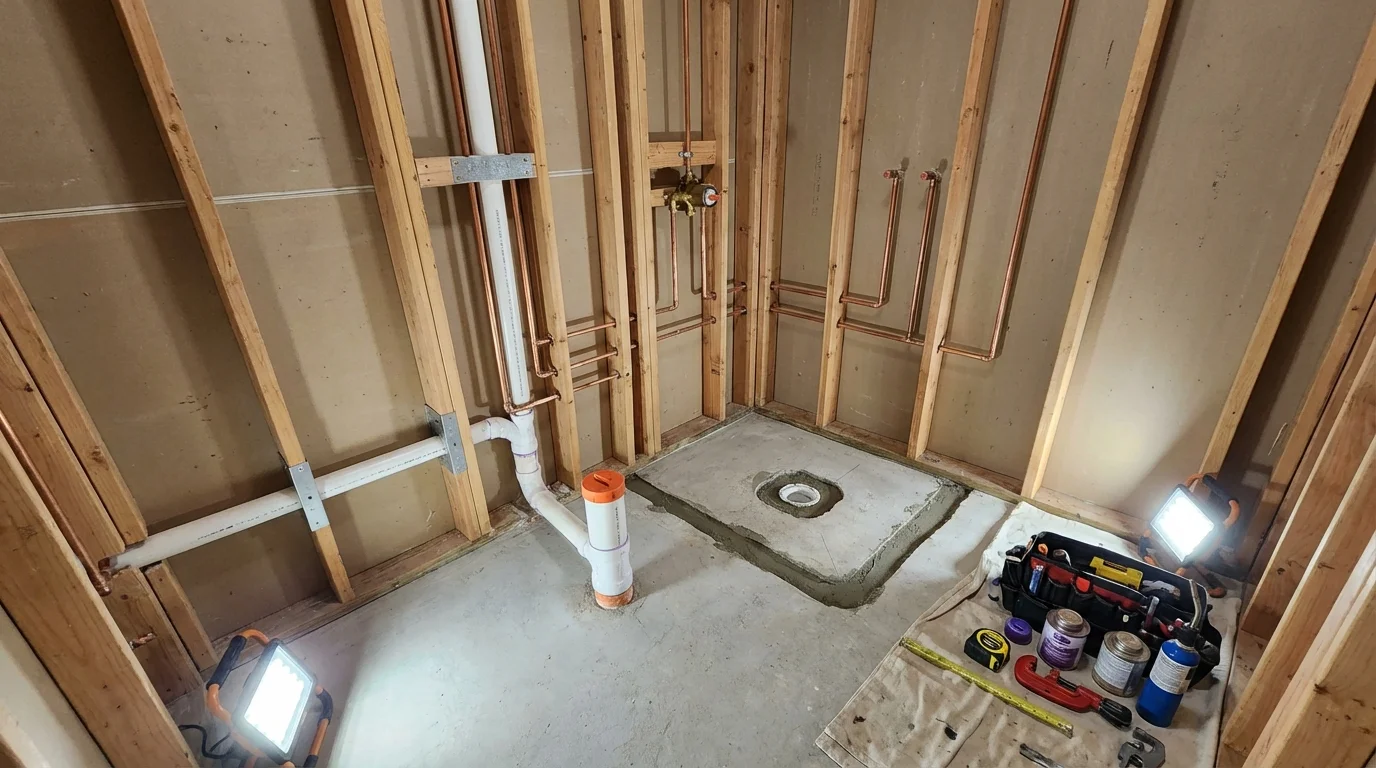 Bathroom rough-in plumbing during remodel by Johns Plumbing LLC in Belding