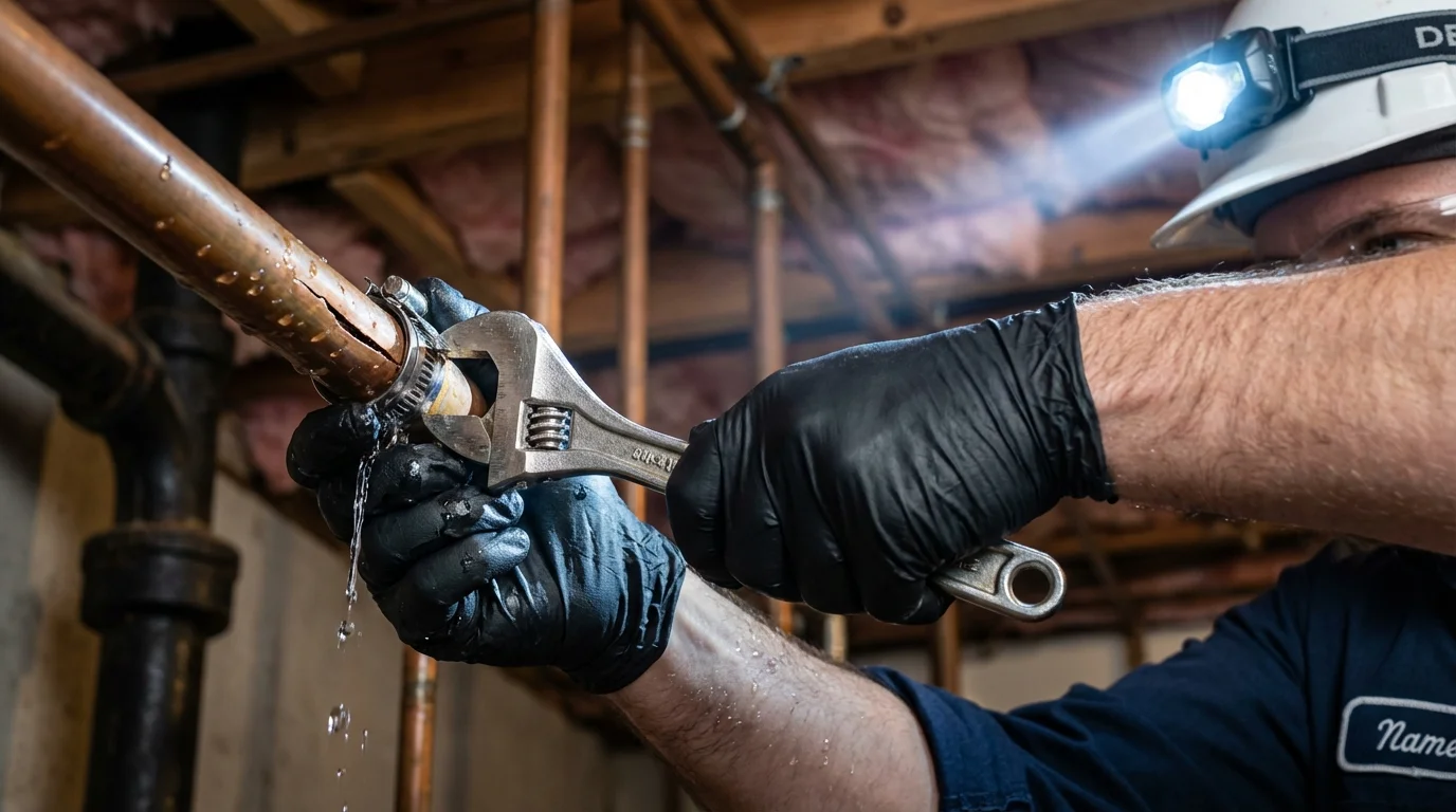 Emergency pipe clamp repair being performed by a Johns Plumbing LLC plumber in Belding