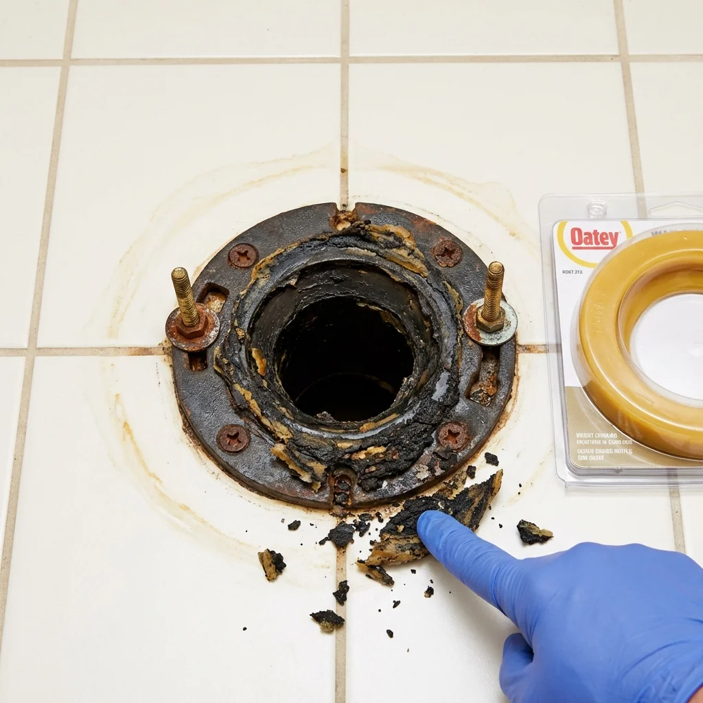 Failed wax ring showing water seepage at the base of a toilet in a Belding, MI home