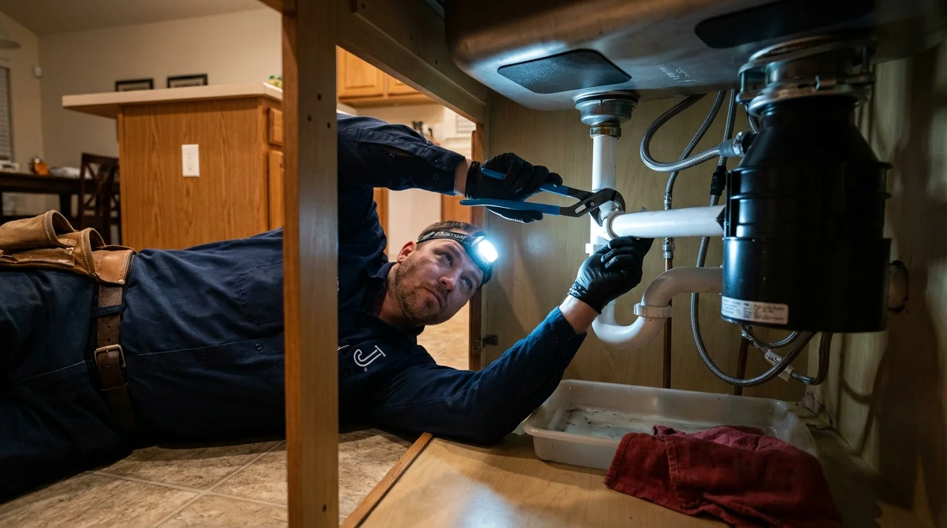 P-trap and supply line connections under a kitchen sink showing a common leak point in Belding, MI